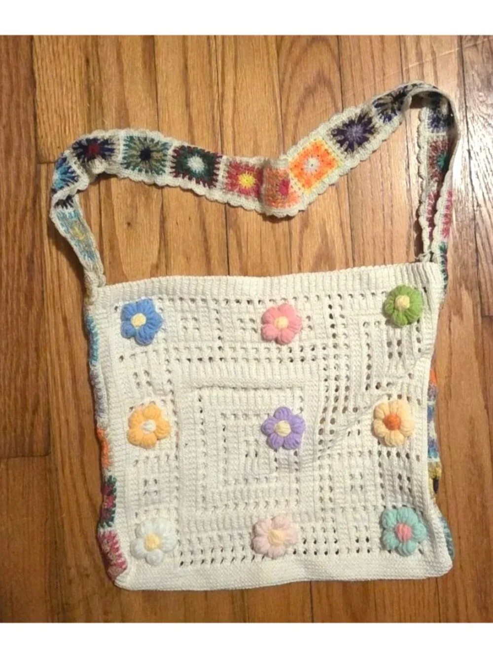 Crochet Shoulder Bag With Colorful Floral Strap Handmade Boho Style